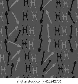 Seamless pattern of zodiac signs, doodles, object,pisces,sagittarius. Hand drawn.