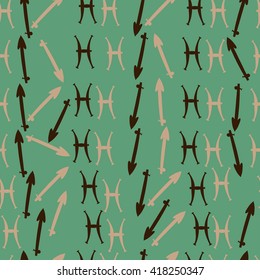 Seamless pattern of zodiac signs, doodles, object,pisces,sagittarius. Hand drawn.