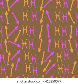 Seamless pattern of zodiac signs, doodles, object,pisces,sagittarius. Hand drawn.