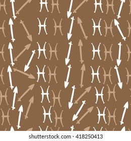 Seamless pattern of zodiac signs, doodles, object,pisces,sagittarius. Hand drawn.