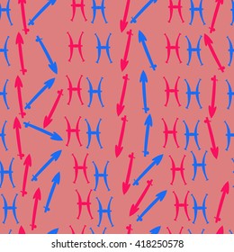 Seamless pattern of zodiac signs, doodles, object,pisces,sagittarius. Hand drawn.