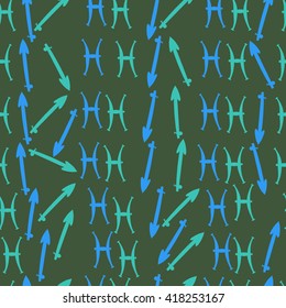 Seamless pattern of zodiac signs, doodles, object,pisces,sagittarius. Hand drawn.