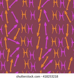 Seamless pattern of zodiac signs, doodles, object,pisces,sagittarius. Hand drawn.