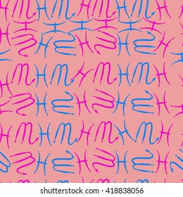 Seamless pattern of zodiac signs, doodles, object,pisces,scorpio. Hand drawn.