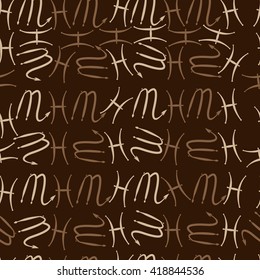 Seamless pattern of zodiac signs, doodles, object,pisces,scorpio. Hand drawn.