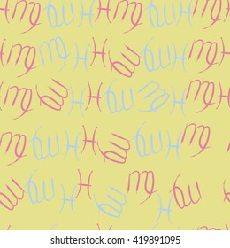Seamless  pattern of zodiac signs, doodles, object,pisces,virgo. Hand drawn.