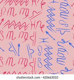 Seamless  pattern  of zodiac signs, doodles, object,pisces,aquarius,capricorn,virgo,sagittarius,scorpio,libra, lion. Hand drawn.