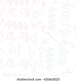 Seamless  pattern  of zodiac signs, doodles, object,pisces,aquarius,capricorn,virgo,sagittarius,scorpio,libra, lion. Hand drawn.