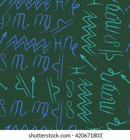 Seamless  pattern  of zodiac signs, doodles, object,pisces,aquarius,capricorn,virgo,sagittarius,scorpio,libra, lion. Hand drawn.