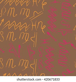Seamless  pattern  of zodiac signs, doodles, object,pisces,aquarius,capricorn,virgo,sagittarius,scorpio,libra, lion. Hand drawn.