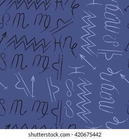 Seamless  pattern  of zodiac signs, doodles, object,pisces,aquarius,capricorn,virgo,sagittarius,scorpio,libra, lion. Hand drawn.
