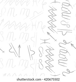 Seamless  pattern  of zodiac signs, doodles, object,pisces,aquarius,capricorn,virgo,sagittarius,scorpio,libra, lion. Hand drawn.