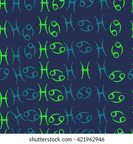 Seamless  pattern  of zodiac signs, doodles, object,cancer, pisces. Hand drawn.