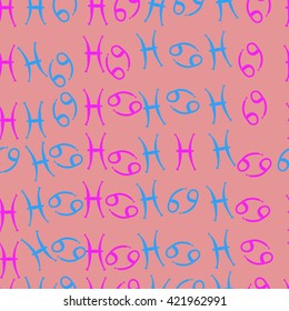 Seamless  pattern  of zodiac signs, doodles, object,cancer, pisces. Hand drawn.