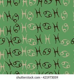 Seamless  pattern  of zodiac signs, doodles, object,cancer, pisces. Hand drawn.