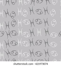 Seamless  pattern  of zodiac signs, doodles, object,cancer, pisces. Hand drawn.
