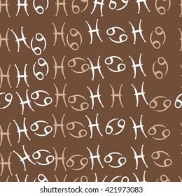Seamless  pattern  of zodiac signs, doodles, object,cancer, pisces. Hand drawn.