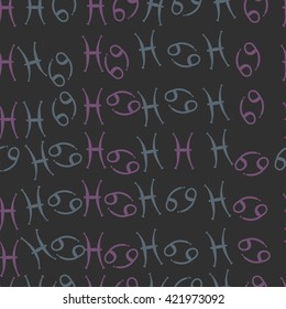 Seamless  pattern  of zodiac signs, doodles, object,cancer, pisces. Hand drawn.
