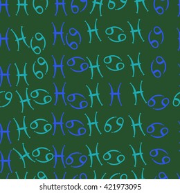 Seamless  pattern  of zodiac signs, doodles, object,cancer, pisces. Hand drawn.