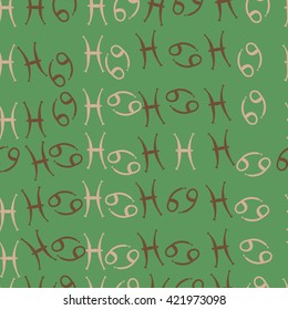 Seamless  pattern  of zodiac signs, doodles, object,cancer, pisces. Hand drawn.