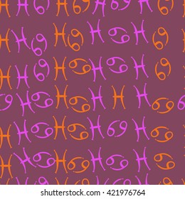 Seamless  pattern  of zodiac signs, doodles, object,cancer, pisces. Hand drawn.