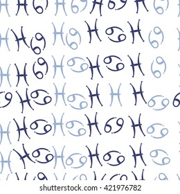 Seamless  pattern  of zodiac signs, doodles, object,cancer, pisces. Hand drawn.