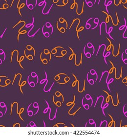 Seamless  pattern  of zodiac signs, doodles, object,cancer, capricorns. Hand drawn.