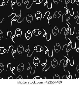 Seamless  pattern  of zodiac signs, doodles, object,cancer, capricorns. Hand drawn.