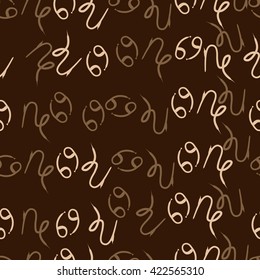 Seamless  pattern  of zodiac signs, doodles, object,cancer, capricorns. Hand drawn.