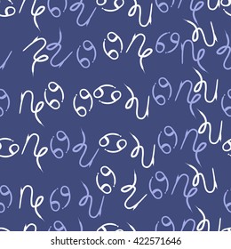 Seamless  pattern  of zodiac signs, doodles, object,cancer, capricorns. Hand drawn.
