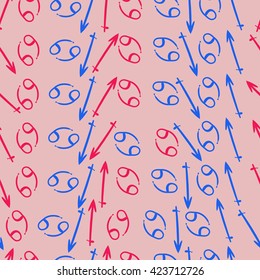 Seamless pattern  of zodiac signs, doodles, object,cancer,sagittarius. Hand drawn.