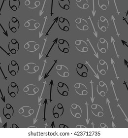 Seamless pattern  of zodiac signs, doodles, object,cancer,sagittarius. Hand drawn.