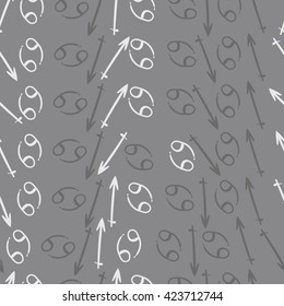 Seamless pattern  of zodiac signs, doodles, object,cancer,sagittarius. Hand drawn.