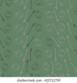 Seamless pattern  of zodiac signs, doodles, object,cancer,sagittarius. Hand drawn.