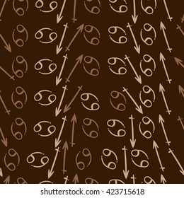 Seamless pattern  of zodiac signs, doodles, object,cancer,sagittarius. Hand drawn.