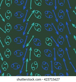 Seamless pattern  of zodiac signs, doodles, object,cancer,sagittarius. Hand drawn.