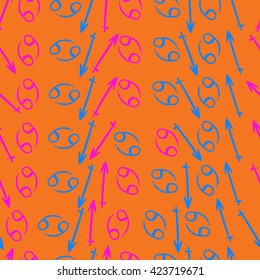 Seamless pattern  of zodiac signs, doodles, object,cancer,sagittarius. Hand drawn.
