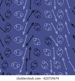 Seamless pattern  of zodiac signs, doodles, object,cancer,sagittarius. Hand drawn.