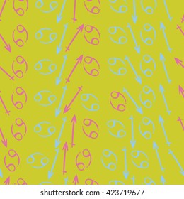 Seamless pattern  of zodiac signs, doodles, object,cancer,sagittarius. Hand drawn.