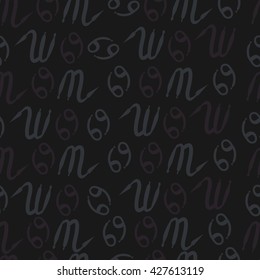 Seamless pattern  of zodiac signs, doodles, object,cancer,scorpio. Hand drawn.