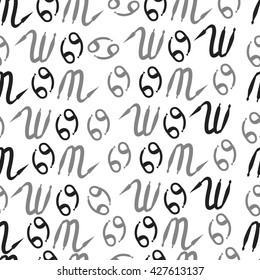 Seamless pattern  of zodiac signs, doodles, object,cancer,scorpio. Hand drawn.