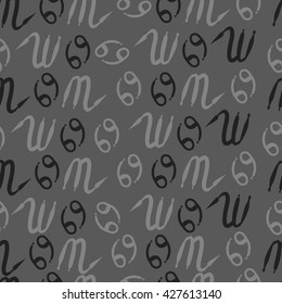 Seamless pattern  of zodiac signs, doodles, object,cancer,scorpio. Hand drawn.