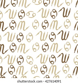 Seamless pattern  of zodiac signs, doodles, object,cancer,scorpio. Hand drawn.