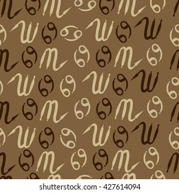 Seamless pattern  of zodiac signs, doodles, object,cancer,scorpio. Hand drawn.