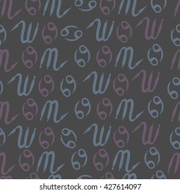 Seamless pattern  of zodiac signs, doodles, object,cancer,scorpio. Hand drawn.
