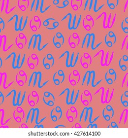 Seamless pattern  of zodiac signs, doodles, object,cancer,scorpio. Hand drawn.