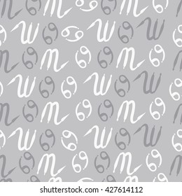 Seamless pattern  of zodiac signs, doodles, object,cancer,scorpio. Hand drawn.