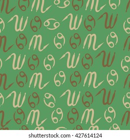 Seamless pattern  of zodiac signs, doodles, object,cancer,scorpio. Hand drawn.
