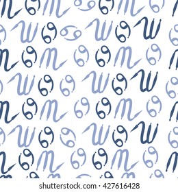 Seamless pattern  of zodiac signs, doodles, object,cancer,scorpio. Hand drawn.