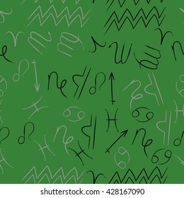 Seamless  pattern of zodiac signs, doodles, object,cancer,virgo,aries,cancer,lion,scorpio,sagittarius,capricorn,aquarius,pisces, . Hand drawn.